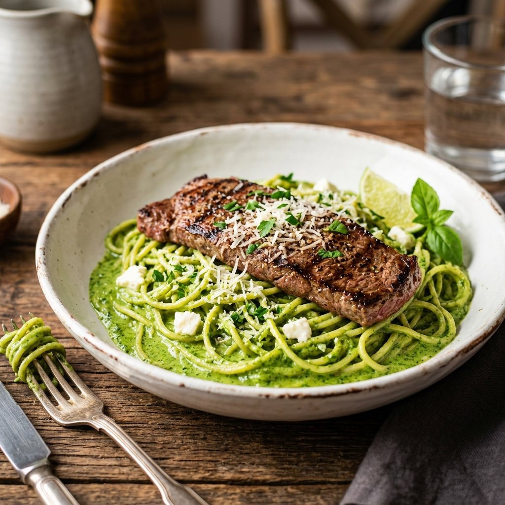 Tallarines Verdes con Bistec